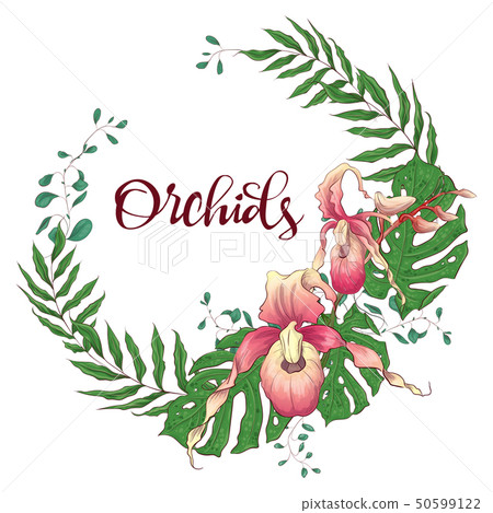 Floral design frame. Orchid, eucalyptus, greenery. Floral design frame. Orchid, eucalyptus, greenery. 50599122