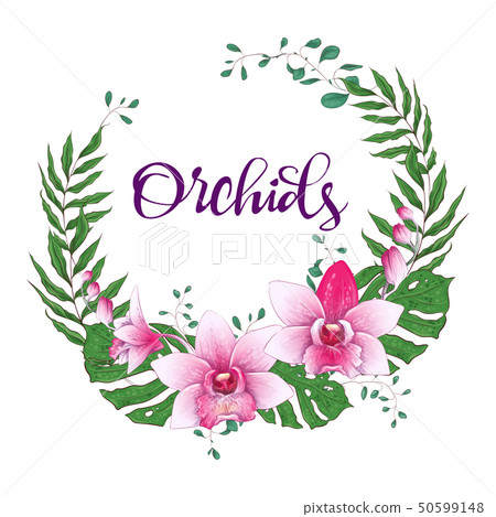 Floral design frame. Orchid, eucalyptus, greenery. Floral design frame. Orchid, eucalyptus, greenery. 50599148