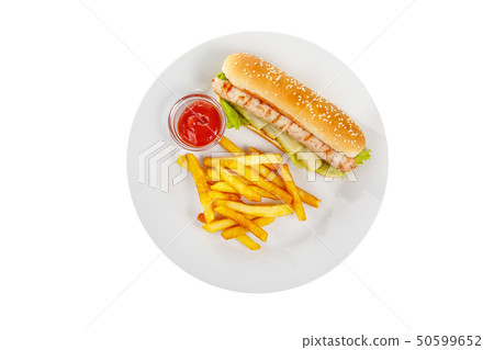 Hot dog with sausage and french fries isolated white 50599652