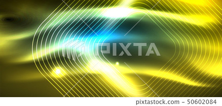 Neon glowing techno lines, hi-tech futuristic abstract background template with square shapes 50602084