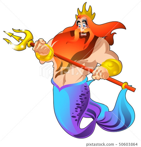 Poseidon with a golden trident and a crown isolated on white background. Vector cartoon close-up Poseidon with a golden trident and a crown isolated on white background. Vector cartoon close-up 50603864