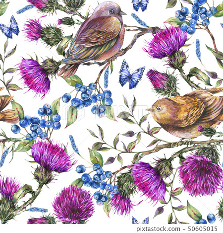 Watercolor seamless pattern with pair of birds, - Stock Illustration ...