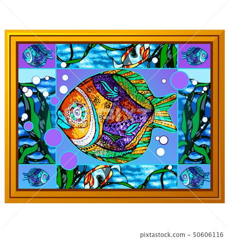A painting of multicolored fish with abstract patterns isolated on white background. Vector cartoon 50606116