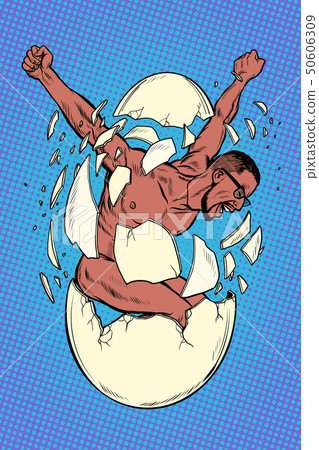 Concept the birth of men, revolution and protest, spiritual rebirth. Man breaks egg shells 50606309