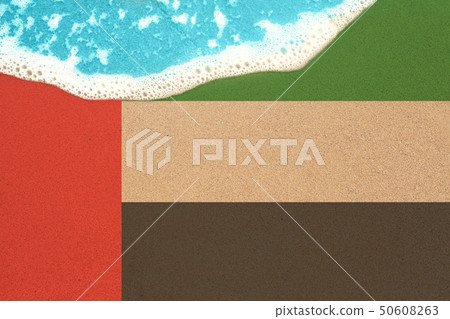 Background the sunny sandy beach with flag AUE. 50608263