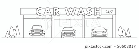 Car wash linear illustration with cars and signboard Car wash linear illustration with cars and signboard 50608817