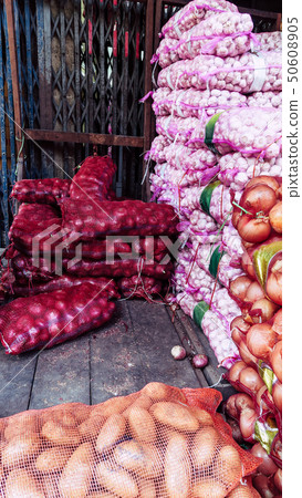 Stack of garlic and Shallot in market Stack of garlic and Shallot in market 50608905