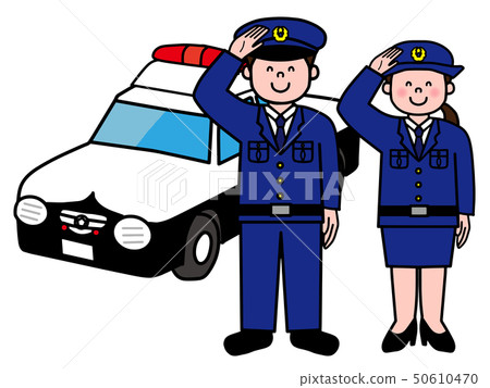 Smiling police officer and policewoman and police car 50610470