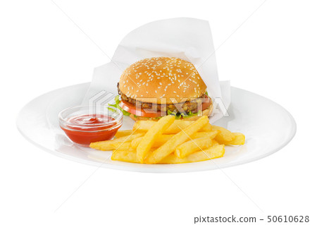 Burger with cutlet and fries isolated white 50610628