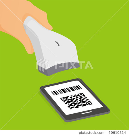 Image illustration of cashless payment by smartphone, QR code scan, barcode scan Image illustration of cashless payment by smartphone, QR code scan, barcode scan 50610814