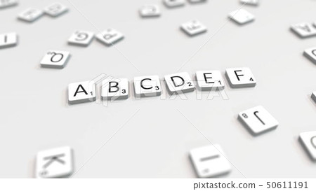 Making ABCDEF text with letter tiles. 3D rendering Making ABCDEF text with letter tiles. 3D rendering 50611191