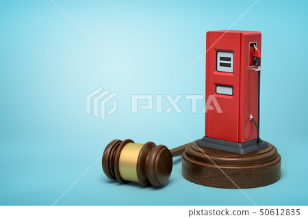 3d rendering of red filling station on round wooden block and brown wooden gavel on blue background 50612835