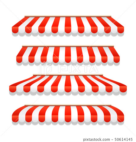 Store awning shop canopy. Store tent red striped roof front view. Restaurant, grocery or cafe awning 50614145