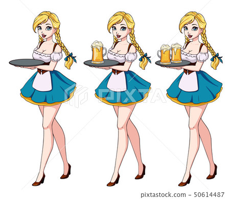 Cartoon vector illustration with sexy blond waitress wearing blue traditional dress. Cartoon vector illustration with sexy blond waitress wearing blue traditional dress. 50614487