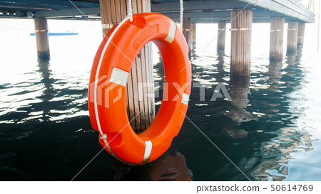 Image of orange life buoy on wooden pier at beach 50614769