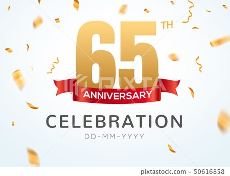 65 Anniversary gold numbers with golden confetti. Celebration 65th anniversary event party template 50616858