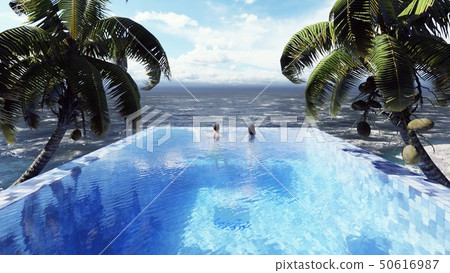 Beautiful swimming pool with bathing man and woman at sunny day, on a lost tropical island. 3D Beautiful swimming pool with bathing man and woman at sunny day, on a lost tropical island. 3D 50616987