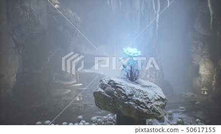 Fantastic green mushrooms and magic blue flower in a amazing cave. Beautiful magic mushrooms in the Fantastic green mushrooms and magic blue flower in a amazing cave. Beautiful magic mushrooms in the 50617155