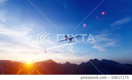 A military drone flies over a desert mountain plain at sunset. 3D Rendering 50617175