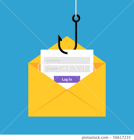 Fishing hook with email. Fishing fraud with mail envelope icon