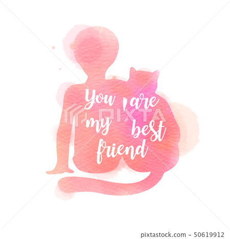 Boy sitting with cat silhouette on watercolor 50619912