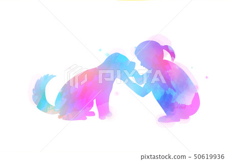 Pet care. Girl playing with dog  silhouette on 50619936