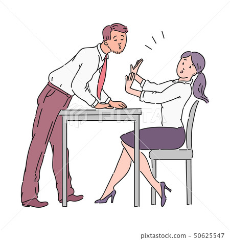 The man is trying to kiss the girl across the office table, sexual harassment at work. The man is trying to kiss the girl across the office table, sexual harassment at work. 50625547