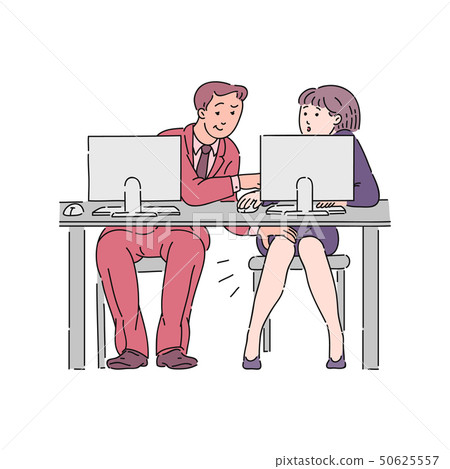 A young man in the office touches the girl by the knee, harassment to a coworker in workplace. 50625557