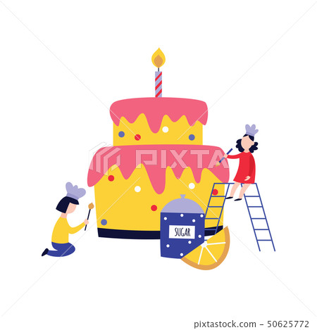 Small people - children - cooking and decorating huge cake flat cartoon style Small people - children - cooking and decorating huge cake flat cartoon style 50625772