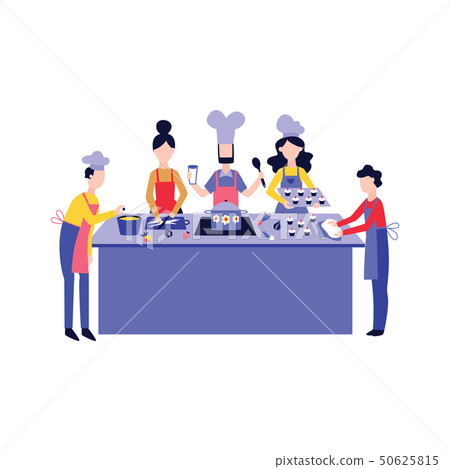 Chef cooking food with team at kitchen table flat cartoon style 50625815