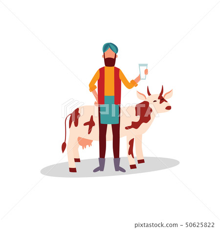 Indian farmer in turban standing with glass of milk and cow flat cartoon style Indian farmer in turban standing with glass of milk and cow flat cartoon style 50625822