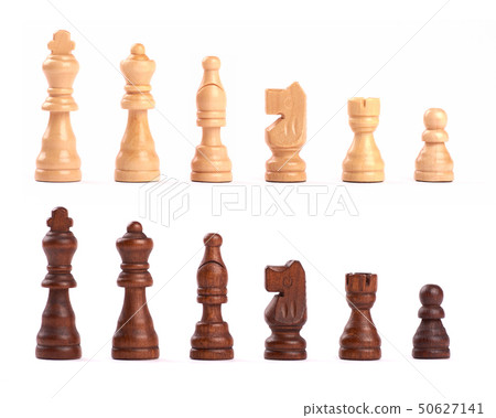 Set of black and white wooden chess figures 50627141