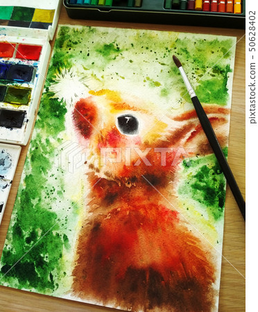 Bright colorful rabbit illustration on green background, painted by hand with watercolor. Vertical 50628402