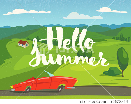 Vector summer poster nature landscape background with red car. 50628864