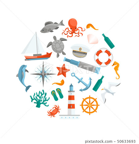 Cartoon Color Sea Round Design Template Ad. Vector 50633693