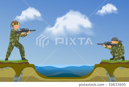 Paintball players shooting in each other on two sides of river banner. Extreme sport vector Paintball players shooting in each other on two sides of river banner. Extreme sport vector 50633695