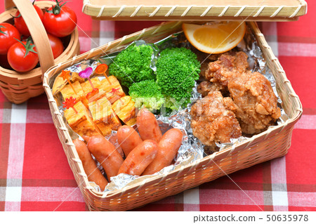 午餐形象的遊覽和運動會。午餐盒,午餐,小菜,飯糰。 午餐形象的遊覽和運動會。午餐盒,午餐,小菜,飯糰。 50635978