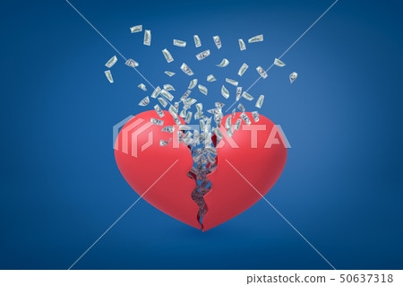 3d rendering of valentine heart broken in two with dollars flying out from inside. 50637318