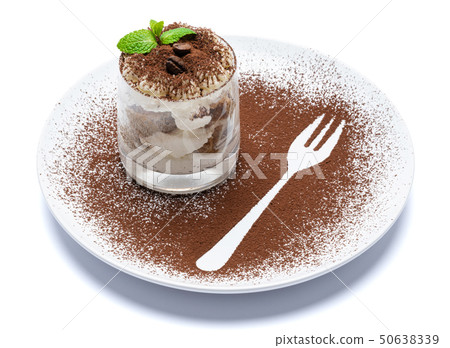 Classic tiramisu dessert in a glass on plate with fork silhouette isolated on a white with clipping Classic tiramisu dessert in a glass on plate with fork silhouette isolated on a white with clipping 50638339
