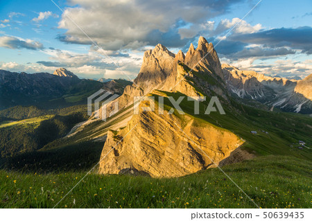 Famous Odle Mountain range at sunset, Seceda, 50639435
