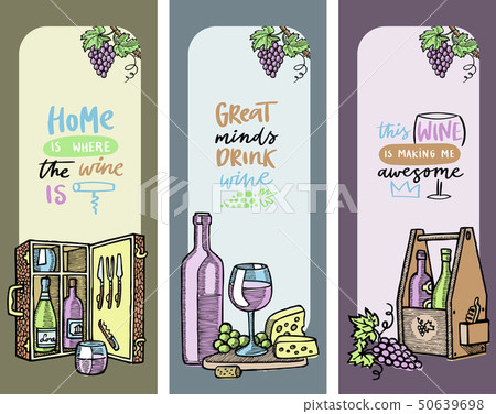 Winery set of cards, banners vector illustration. Bottles with alcohol, glass, grapes and cheese 50639698