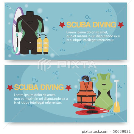 Scuba diving center set of banners vector illustration. Diver wetsuit, scuba mask, snorkel, fins 50639921