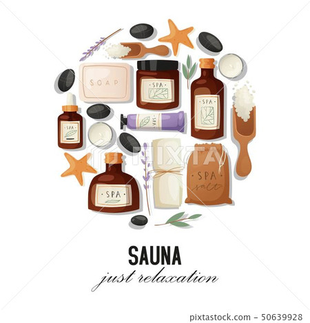 Sauna and spa banner vector illustration. Realistic plastic containers bottles, tubes and jars for 50639928
