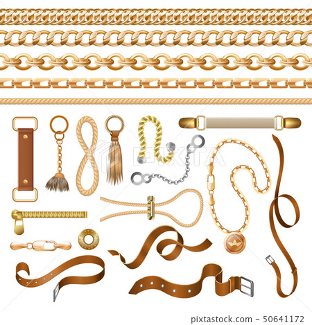 Chain and belt elements. Golden braid leather strap and furniture, fashion ornamental elements Chain and belt elements. Golden braid leather strap and furniture, fashion ornamental elements 50641172