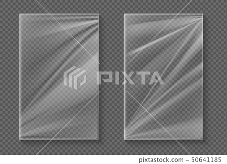Plastic foil. Transparent cellophane wrap mockup, realistic clear food polyethylene wrapper. Vector 50641185