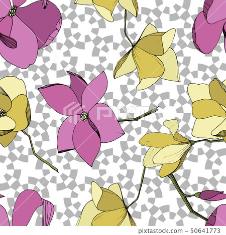 Vector Magnolia floral botanical flowers. Purple and yellow engraved ink art. Seamless background Vector Magnolia floral botanical flowers. Purple and yellow engraved ink art. Seamless background 50641773