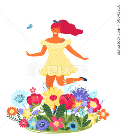 Vector template with happy woman and flowers. Modern flat colorful vector illustration. 50643210