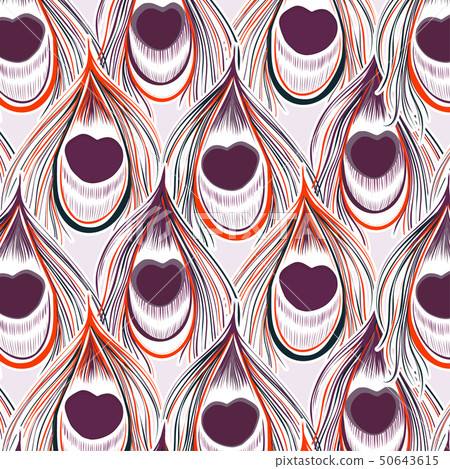 Hand-drawn feather violet red decoration. Animal elegant exotic pattern with tender peacock plumage. Hand-drawn feather violet red decoration. Animal elegant exotic pattern with tender peacock plumage. 50643615