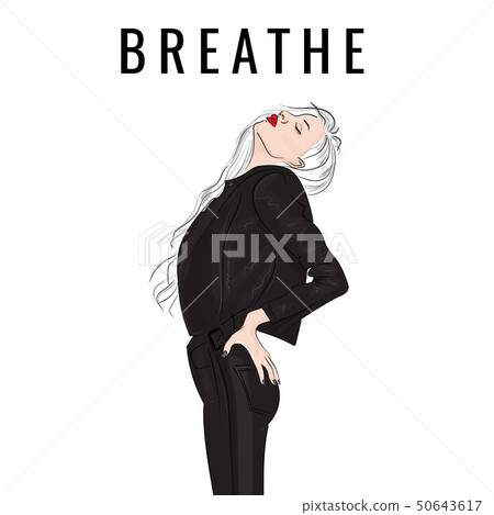 Rock woman street style illustration. Rebel blonde girl in leather jacket and jeans with typography Rock woman street style illustration. Rebel blonde girl in leather jacket and jeans with typography 50643617