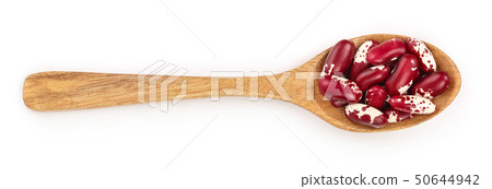 variegated kidney bean in wooden spoon isolated on white background. Top view. Flat lay 50644942